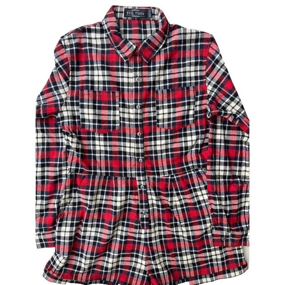 Evil Twin Women's Red Plaids Cotton Big Wednesday Playsuit Romper Size L $89 - Picture 1 of 16